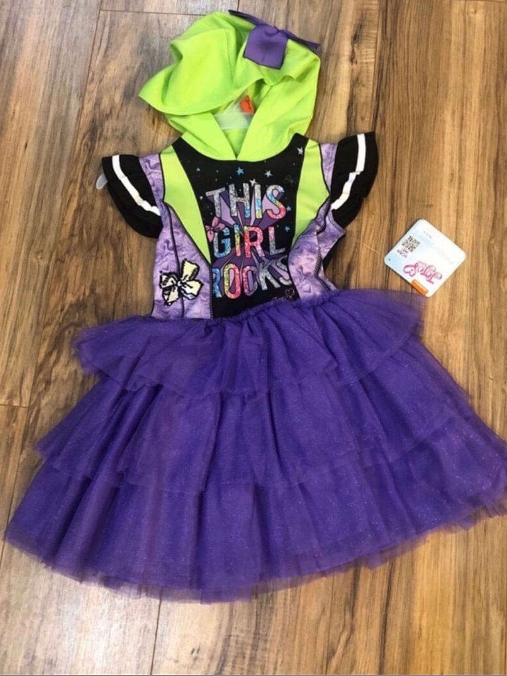 Jojo Siwa Girls “This Girl Rocks' Purple & Lime Costume Dress Size 4-5